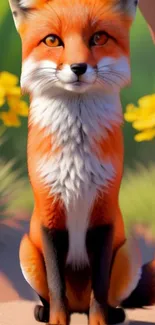 Vibrant fox with orange fur in a lush green nature setting.