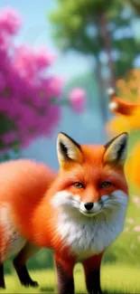 Cute red fox in a colorful spring garden.