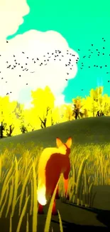 Vibrant landscape wallpaper featuring a fox, yellow meadow, and birds in the sky.