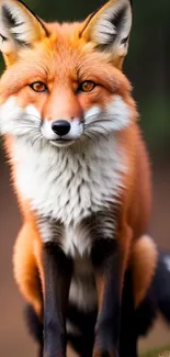 Red fox sitting in forest with intense gaze.