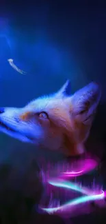 Neon fox in blue glowing dreamscape wallpaper.