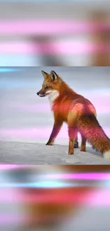 Vibrant fox in a winter landscape with pink and blue hues.