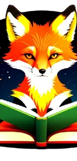 Vibrant illustration of a fox reading under a starlit sky.