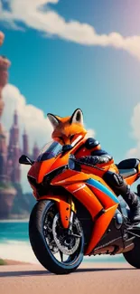 Fantasy wallpaper with fox riding an orange motorcycle by a beachside castle.