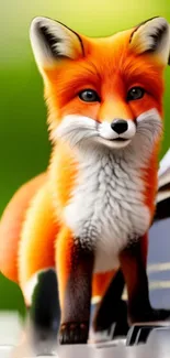 Vibrant orange fox sitting on a piano with a green background.