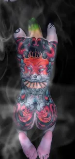 Colorful fox tattoo wallpaper with smoky effect background.