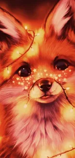 Vibrant fox illuminated with fairy lights creating a magical ambiance.