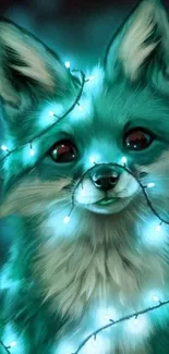 Cute fox surrounded by teal neon lights on a dark background.