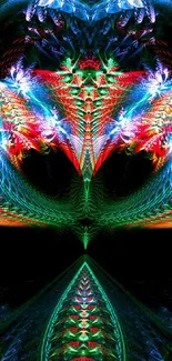 Vibrant fractal abstract art with symmetrical design in rich colors.