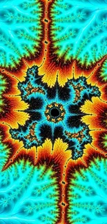 Vibrant fractal art wallpaper with turquoise, red, and black patterns.