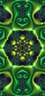 Colorful fractal art wallpaper with green and yellow patterns.