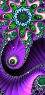 Vibrant purple and green fractal art wallpaper design.