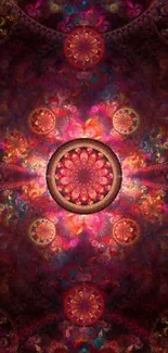 Vibrant fractal art wallpaper with deep reds and colorful abstract patterns.