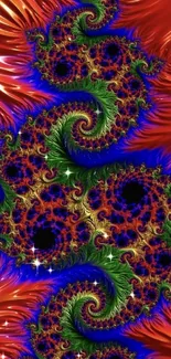 Vibrant fractal art wallpaper with red, green, and blue colors in swirling patterns.