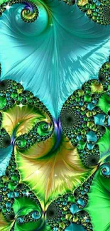 Colorful fractal art wallpaper with vibrant green and blue patterns.