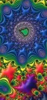 Vibrant fractal art wallpaper with blue and green patterns in intricate designs.