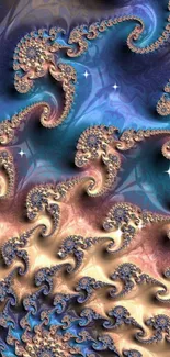 Vibrant fractal art wallpaper with blue and gold swirls.