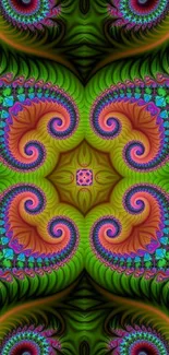 Vibrant fractal art with green spirals.