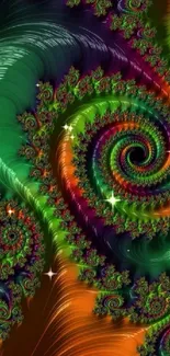 Vibrant fractal art with swirling patterns in green and orange hues.