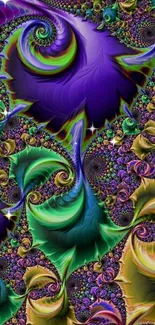 Vibrant fractal wallpaper with purple, green, and gold swirling patterns.