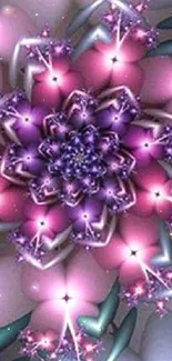 Vibrant fractal flower wallpaper with pink and purple hues forming a geometric pattern.