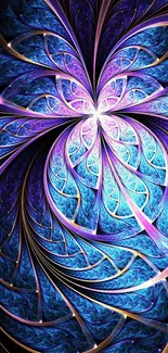 Bright blue and purple fractal flower art wallpaper with intricate patterns.