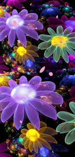 Vibrant abstract fractal flowers in luminous colors on mobile wallpaper.