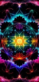 Vibrant fractal mandala with neon colors and intricate symmetrical design.