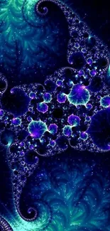 Fractal wallpaper with neon glow in blue and purple hues.