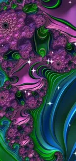 Vibrant fractal pattern with green and purple swirls.