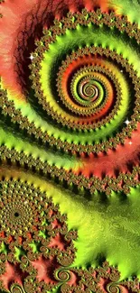 Vibrant fractal spiral with green and red colors forming abstract patterns.