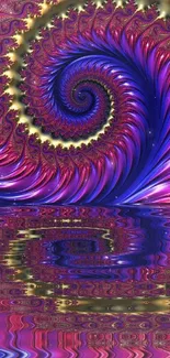 Vibrant fractal spiral art wallpaper with magenta and blue hues.