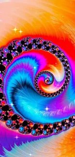 Vibrant fractal spiral wallpaper in red, blue, and purple hues.