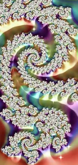 Vibrant spiral fractal art with colorful swirls on a beige background.