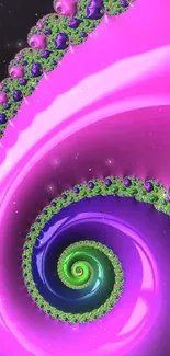 Vibrant pink and purple fractal spiral artwork with green accents.