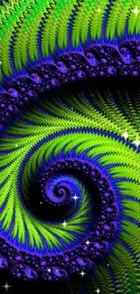 Vibrant fractal spiral wallpaper in green and blue hues for mobile screens.