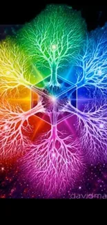 Vibrant fractal tree with rainbow colors on a digital mobile wallpaper.