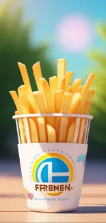 Golden fries in a cup against a vibrant, colorful background.