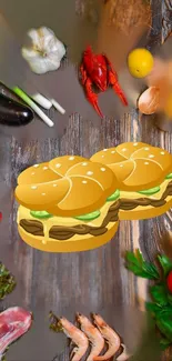 Colorful display of fresh ingredients on wooden background.