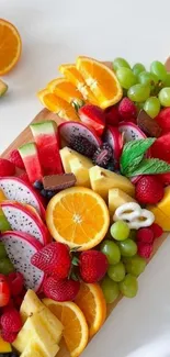 Vibrant fresh fruits arranged on a wooden board.