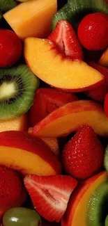 A vibrant mix of fresh fruits with strawberries, kiwis, and peaches.