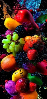 Artistic splash of vibrant, colorful fruits on a dark background.