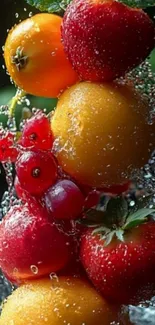 Vibrant fruits in a splash of water art.