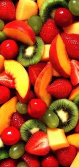 Colorful fruit wallpaper with strawberries and kiwis.