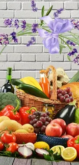 A colorful array of fruits and vegetables in front of a brick wall.