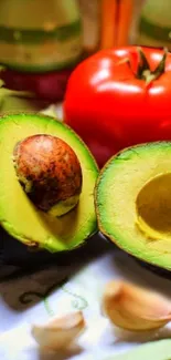 Vibrant assortment of fresh vegetables with avocados on a rustic table.