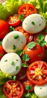 Vibrant salad with eggs and tomatoes on greens.
