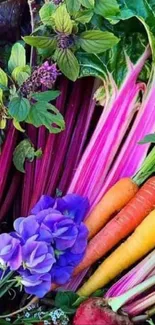 Vibrant display of fresh garden vegetables in colorful arrangement.