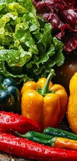 Colorful vegetables including peppers and lettuce with water droplets.
