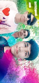 Youthful and vibrant friends selfie with colorful background.